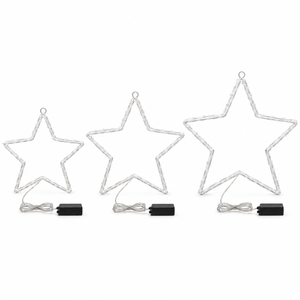 Set of three white metal Christmas stars with unlit LEDs and black battery packs.