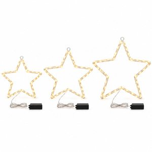 Set of three white metal Christmas stars illuminated with warm white LED lights.
