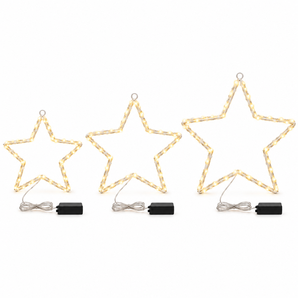 Set of three white metal Christmas stars illuminated with warm white LED lights.