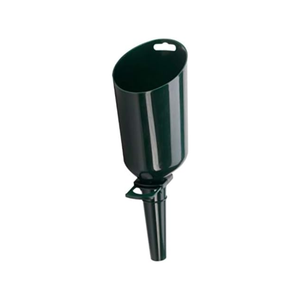 A dark green plastic funnel with a hanging loop at the top and a mounting bracket on the stem, shown on a plain white background.