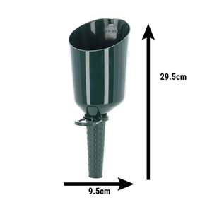 A dark green plastic rain gutter spout or downpipe extension with dimension arrows and labels showing 29.5 cm height and 9.