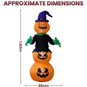 Inflatable Halloween pumpkin-and-clothes figure with dimension arrows and text reading 'APPROXIMATE DIMENSIONS', showing 1.85m height and 90cm width on a white background.