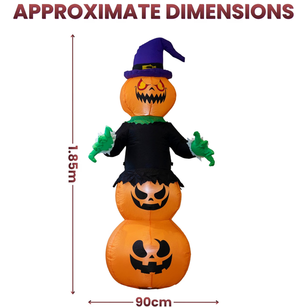 Inflatable Halloween pumpkin-and-clothes figure with dimension arrows and text reading 'APPROXIMATE DIMENSIONS', showing 1.85m height and 90cm width on a white background.