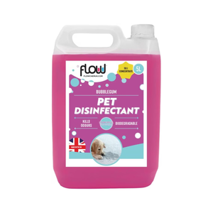 A 5-liter plastic bottle of Flow Pet Disinfectant in Bubblegum scent, featuring a bright pink liquid inside and a white and purple label with a puppy graphic.