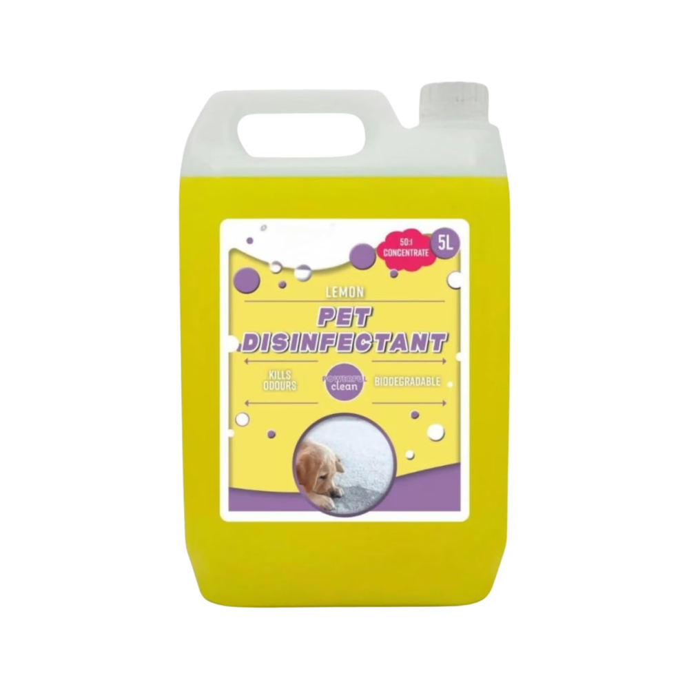A 5L plastic bottle of Lemon Pet Disinfectant, featuring a bright yellow container, a white cap, and a white and purple label with a picture of a dog.