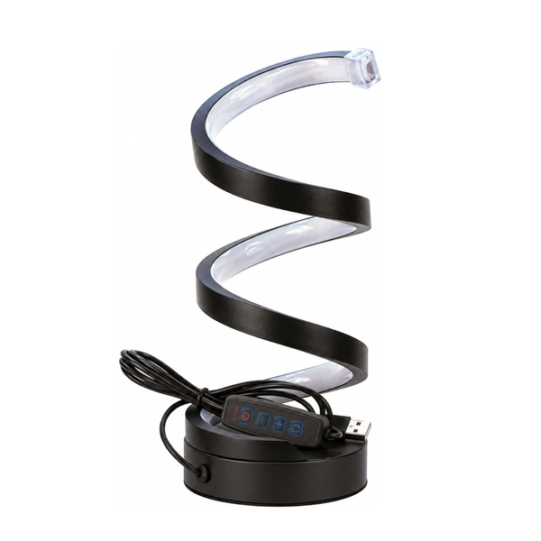 A spiral-shaped LED desk lamp with a matte black frame and a clear acrylic inner panel, shown on a white background with its power cable and USB controller base.
