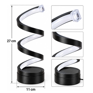 Spiral twist LED desk lamp with black and white color scheme, shown with dimension markings (27 cm height, 11 cm base diameter) and three detail inset images on a white background.