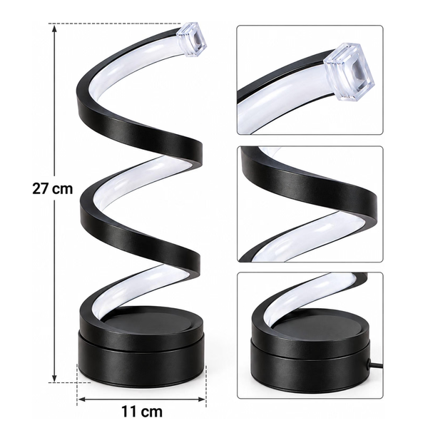 Spiral twist LED desk lamp with black and white color scheme, shown with dimension markings (27 cm height, 11 cm base diameter) and three detail inset images on a white background.