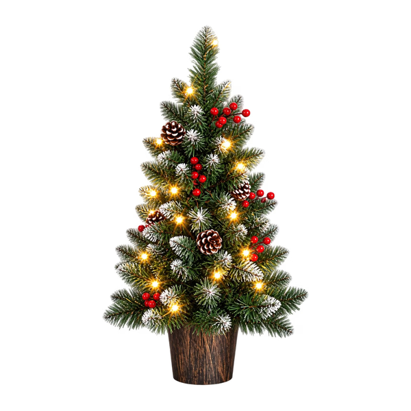 A decorated artificial Christmas tree in a dark brown pot, featuring green needles, white snow-like dusting, brown pinecones, red berries, and warm yellow string lights, isolated on a white background.
