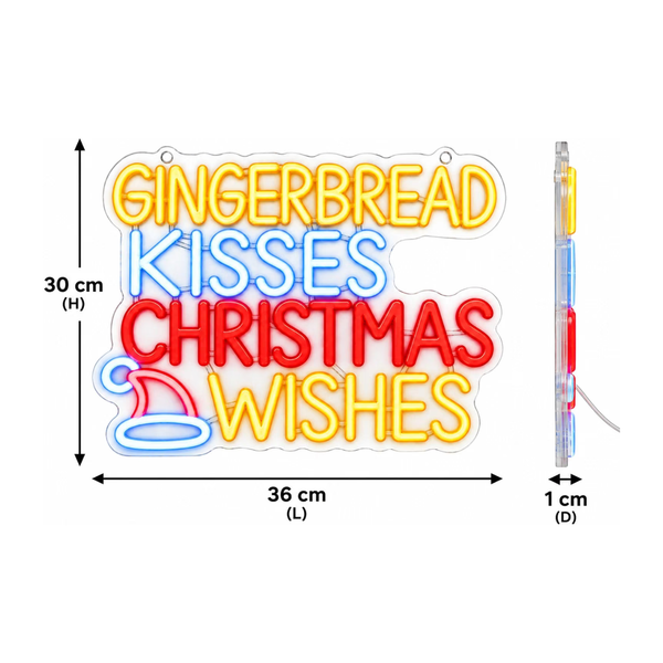 A neon-style Christmas sign with the phrase “GINGERBREAD KISSES CHRISTMAS WISHES” in yellow, blue, and red lettering, shown with dimension arrows and labels indicating 30 cm height, 36 cm width, and 1 cm depth on a white background.