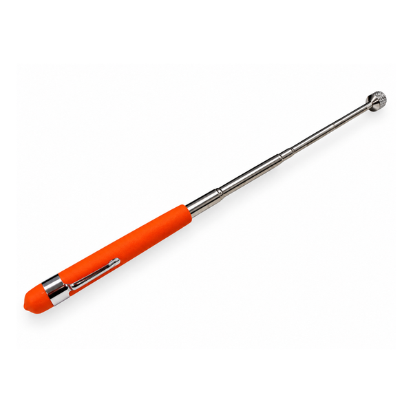 Long reach telescopic magnetic pickup tool with orange handle and pocket clip