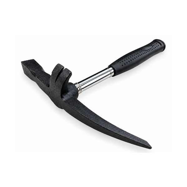 Slaters hammer with pointed pick chisel head and black rubber handle
