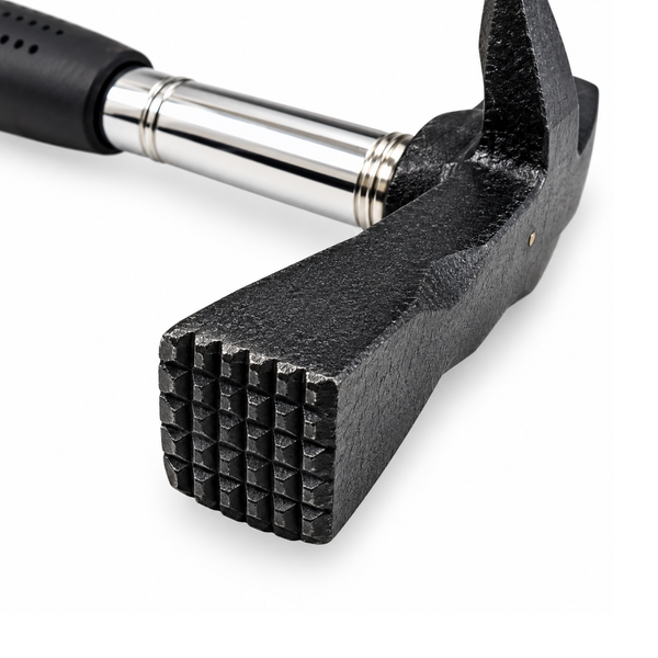 Close up of textured striking face on black slaters roofing hammer