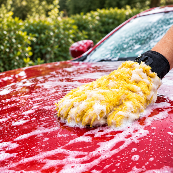 A yellow microfiber car wash sponge covered in soapy foam, being used to scrub a red car hood outdoors with green bushes in the background.