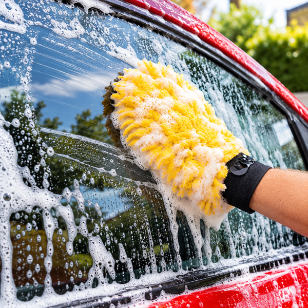 A close-up action shot of a yellow microfiber car wash mitt covered in soapy foam, being used to clean the windshield of a red car outdoors.