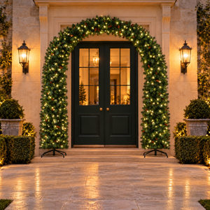 A festive holiday wreath with warm white string lights draped over a dark green double front door, set in a stone entryway with lit wall sconces and manicured hedges.