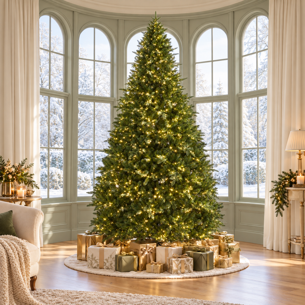 12ft Christmas tree with warm white lights beside arched windows and presents