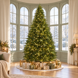12ft Christmas tree with warm white lights beside arched windows and presents