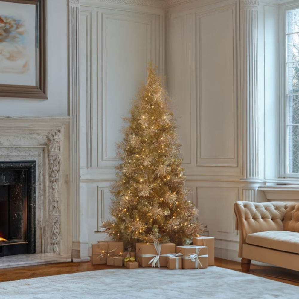 A tall, glittery gold Christmas tree with warm white string lights stands in a decorated living room corner next to a fireplace and a beige sofa. Several wrapped gift boxes are placed at the base of the tree.