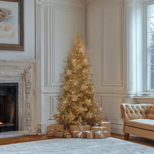A tall, glittery gold Christmas tree with warm white string lights stands in a decorated living room corner next to a fireplace and a beige sofa. Several wrapped gift boxes are placed at the base of the tree.