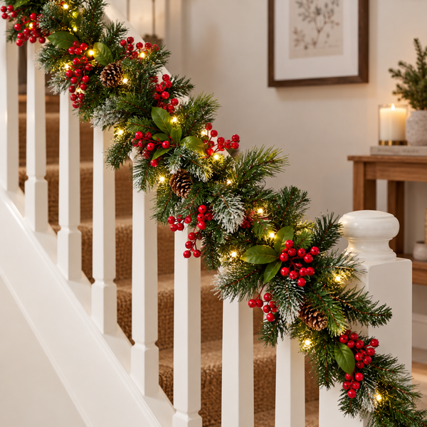 A festive Christmas stair garland draped over a white wooden staircase railing, decorated with green pine branches, red berries, pinecones, and warm white string lights in a cozy home interior.
