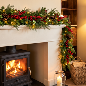 A festive Christmas garland with green pine branches, red berries, and warm white string lights draped over a white fireplace mantel above a black wood-burning stove. A lit candle in a glass lantern and a wicker basket sit nearby in a cozy room setting.