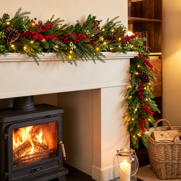 A festive Christmas garland with green pine branches, red berries, and warm white string lights draped over a white fireplace mantel above a black wood-burning stove. A lit candle in a glass lantern and a wicker basket sit nearby in a cozy room setting.