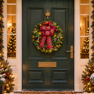 65cm pre lit Christmas door wreath with tartan bow and warm lights