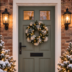A festive wreath with flocked white pine needles and warm white string lights hangs on a dark green front door, framed by a white doorframe, brick walls, glowing black wall lanterns, and snow-dusted Christmas trees.