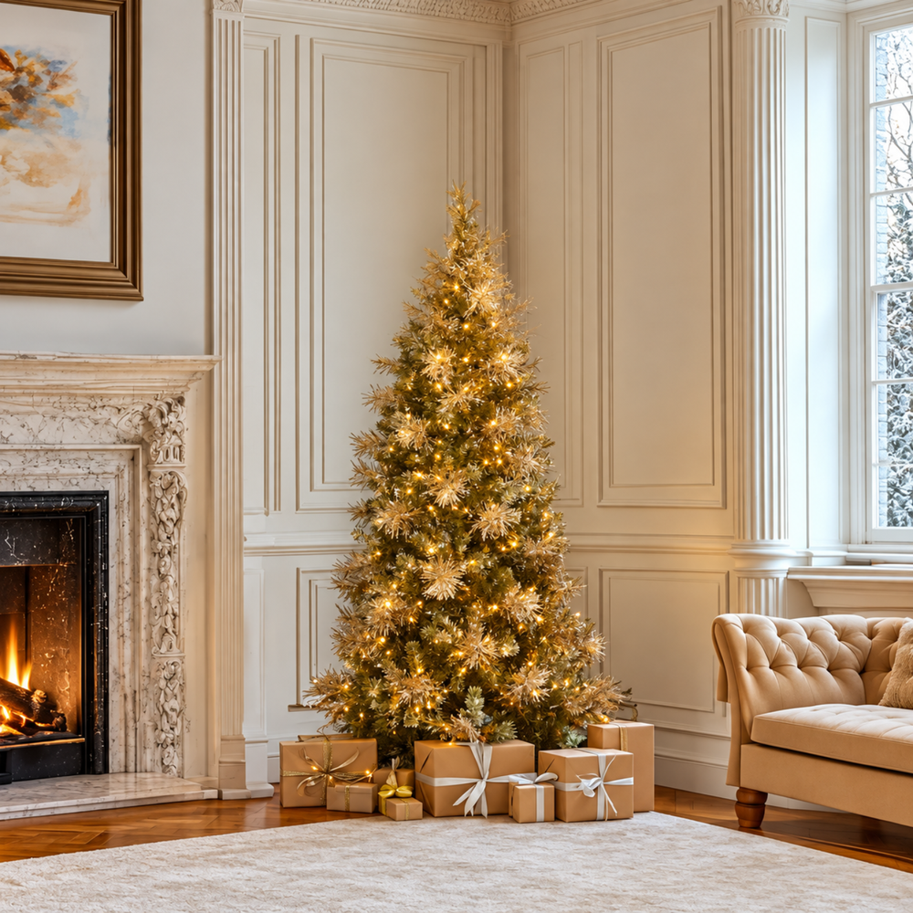 A decorated Christmas tree stands in a corner of a classic room with a fireplace on the left, a tufted sofa on the right, and wrapped gift boxes at its base. The tree is adorned with warm white lights and large gold ornaments, set against cream-colored paneled walls.