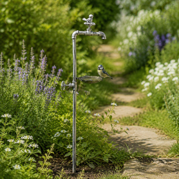 A garden scene with a tall metal faucet-shaped bird bath or planter mounted beside a stone path, surrounded by lush green foliage and purple and white flowers. A small blue bird is perched on the side of the metal fixture.