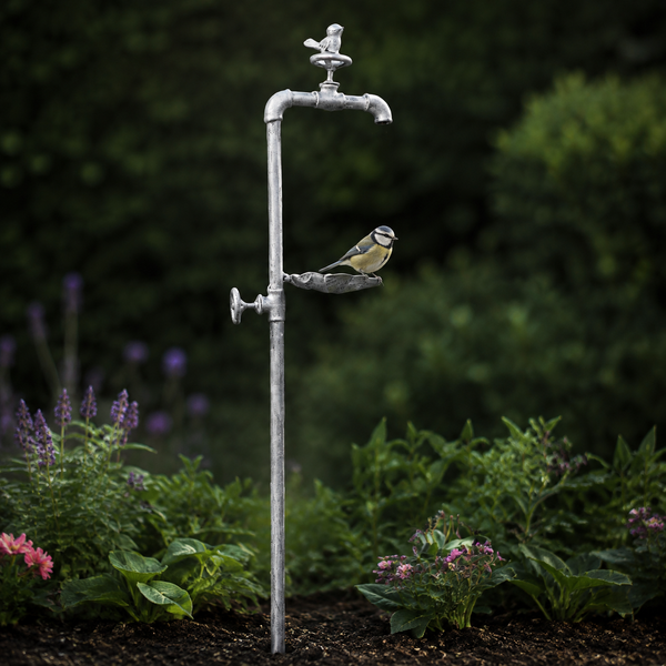 A decorative garden stake shaped like an old silver faucet with a small bird perched on the spout, set in a garden with green foliage and flowers.
