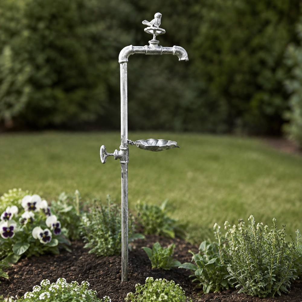 A vintage-style metal garden water fountain with a bird perched on the spout and a shallow dish below, set in a garden bed with plants and a blurred green lawn background.