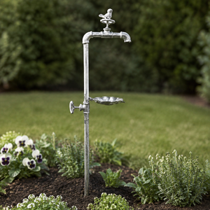 A vintage-style metal garden water fountain with a bird perched on the spout and a shallow dish below, set in a garden bed with plants and a blurred green lawn background.