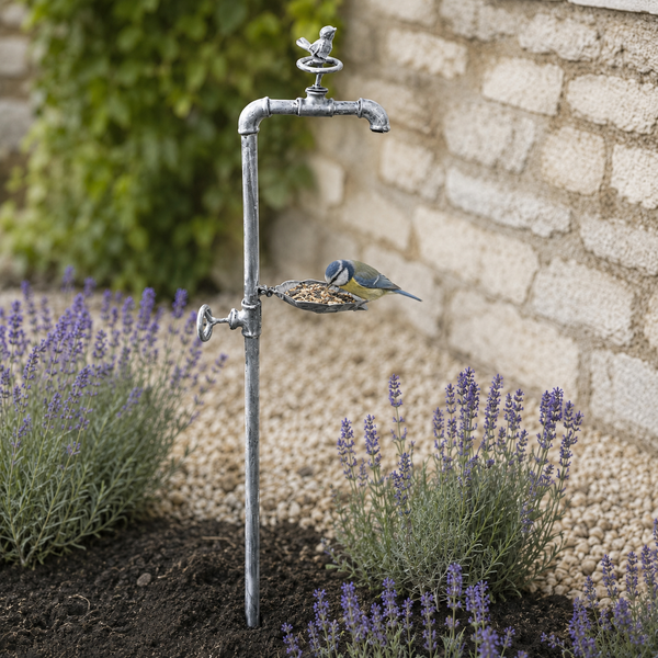 A decorative garden stake shaped like an old silver faucet with a small bird perched on the spout and a bird feeder tray attached mid-way. The stake is planted in a garden bed with lavender, dark soil, and a light stone wall background.