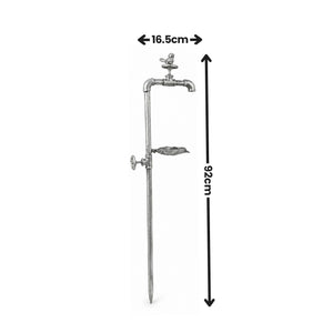 A metal standpipe fixture with a long vertical rod, horizontal pipe section, faucet, and shelf, shown on a white background with black dimension arrows and labels reading 16.5cm and 92cm.