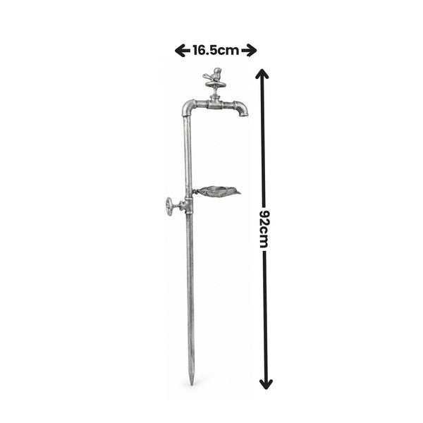 A metal standpipe fixture with a long vertical rod, horizontal pipe section, faucet, and shelf, shown on a white background with black dimension arrows and labels reading 16.5cm and 92cm.