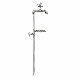 A vintage-style industrial metal faucet fixture with a long vertical pipe, horizontal spout, decorative leaf-shaped detail, and a cross-handle valve on a plain white background.