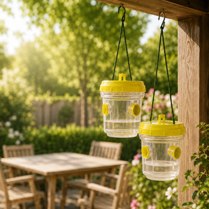Two clear hanging trap containers with bright yellow lids and yellow circular openings, suspended by black cords from a wooden post in a sunlit backyard garden setting with a table and chairs blurred in the background.