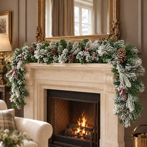 Frosted Christmas garland with pinecones and berry accents draped over a stone fireplace mantel, with a lit fire inside and a large ornate mirror above.