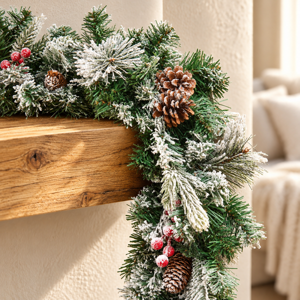 A frosted green pine garland with brown pinecones and red berries draped over a wooden mantel in a cozy indoor setting.
