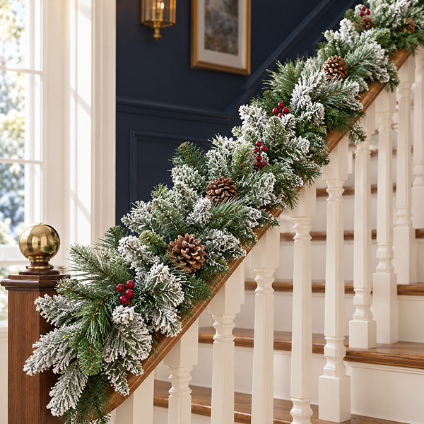 Frosted green Christmas garland with pinecones and red berries draped over a white staircase railing in a home interior.