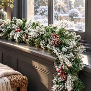 A festive artificial Christmas garland with frosted green pine branches, brown pinecones, and small red berries draped over a dark gray window sill, with a cozy throw blanket visible in the foreground.