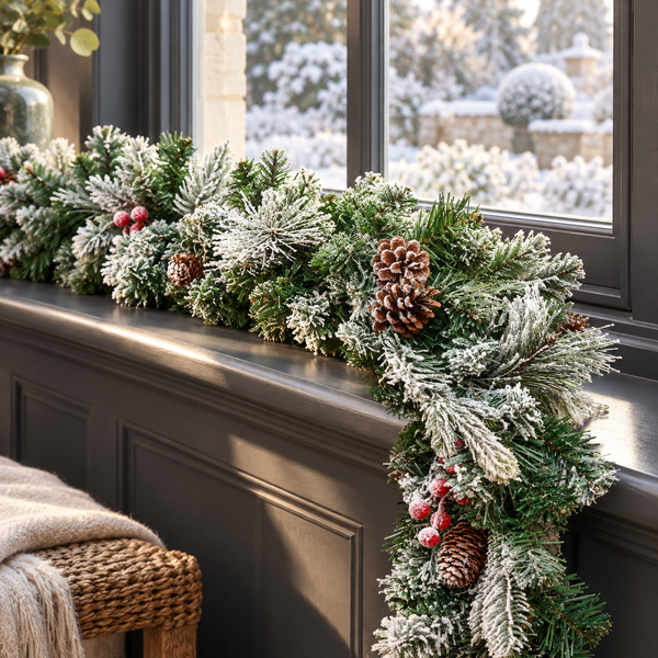 A festive artificial Christmas garland with frosted green pine branches, brown pinecones, and small red berries draped over a dark gray window sill, with a cozy throw blanket visible in the foreground.