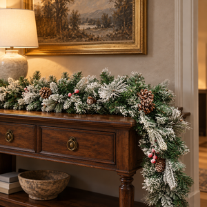A festive holiday garland with flocked green pine branches, pinecones, and small red berries draped across a dark wood console table in a warmly lit living room.