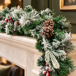 A festive Christmas garland with frosted green pine branches, brown pinecones, and red berries draped over a light beige stone fireplace mantel.