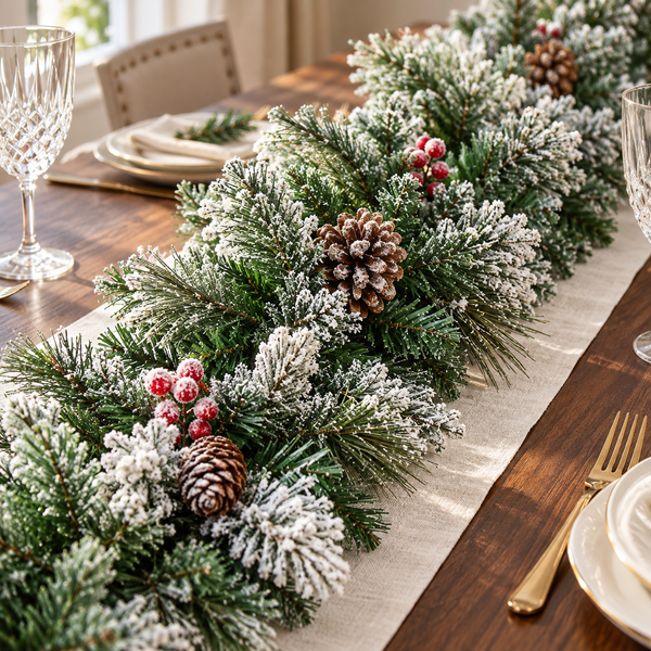 A festive holiday table runner garland made of frosted green pine branches, natural pinecones, and red berry clusters, laid on a beige table runner over a dark wood dining table with place settings.