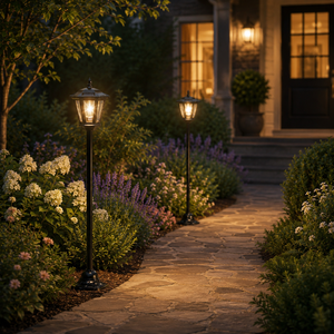 Two black outdoor garden pathway lamps glowing warmly along a stone walkway in a landscaped front yard at night, with flowers, shrubs, and a house entrance in the background.