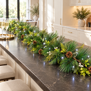 A festive green pine garland with warm white string lights, pinecones, and small white berries is displayed on a dark marble kitchen island. The background shows a bright, modern kitchen with white cabinets and a marble countertop.