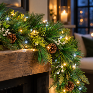 A festive Christmas garland draped over a rustic wooden mantel, decorated with green pine and fir branches, brown pinecones, small white berries, and warm white string lights in a cozy indoor setting.